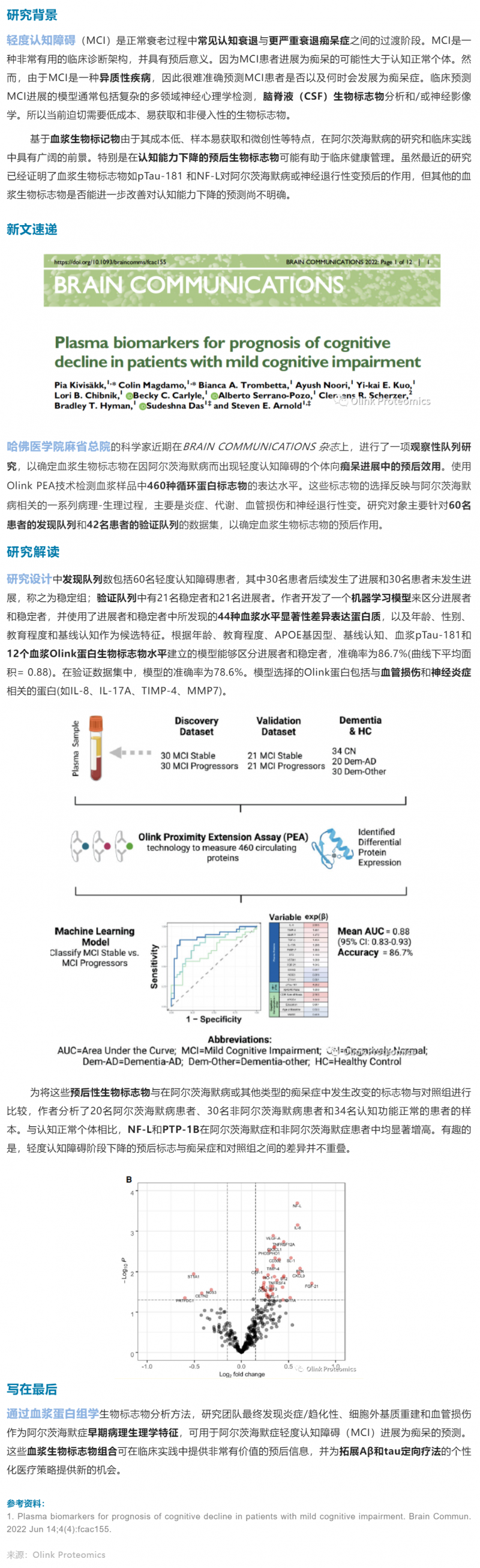 干货解读 | 轻度认知障碍患者认知下降预后血浆生物标志物研发案例